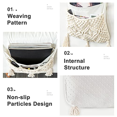Boho Macrame Armrest Organizer - Sofa, Bedside, and Armchair Caddy for Remote, Magazine, Books, Cell Phone, iPad, Home and Dorm Decor, Ivory