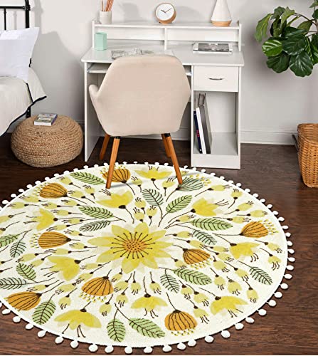 Boho Pom Poms Fringe Round Rug for Bedroom and Living Room, 4' Circle Floral Plant Washable Area Rug