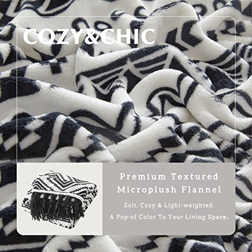 Boho Tassel Throw Blanket - Black and White Decorative Flannel Blanket for Chair, Bed, Sofa, Couch (50x60 Inches)