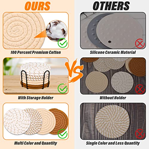 Mckanti 8 Pcs Drink Coasters with Holder, Minimalist Cotton Woven 4 Colors Absorbent Coaster Set for Home Decor Tabletop Protection Suitable for Kinds of Cups, 4.3 Inches.(NO.2)