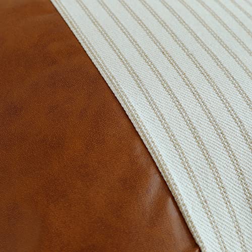 Boho Throw Pillow Covers 18x18, Khaki Stripes Textured Cotton Faux Leather Stitching Square Farmhouse Pillow Covers