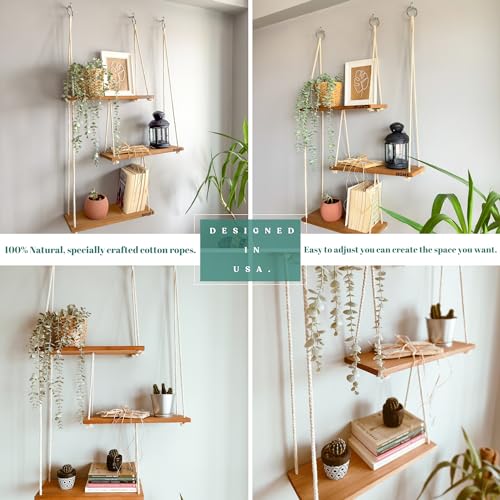 Hanging Shelves for Wall - Boho Shelves Hanging Plant Shelf - Rope Shelf for Wall Decor Living Room Decor Aesthetic - Hanging Wall Shelves for Bedroom Decor Boho Wall Decor Floating Shelves Bathroom