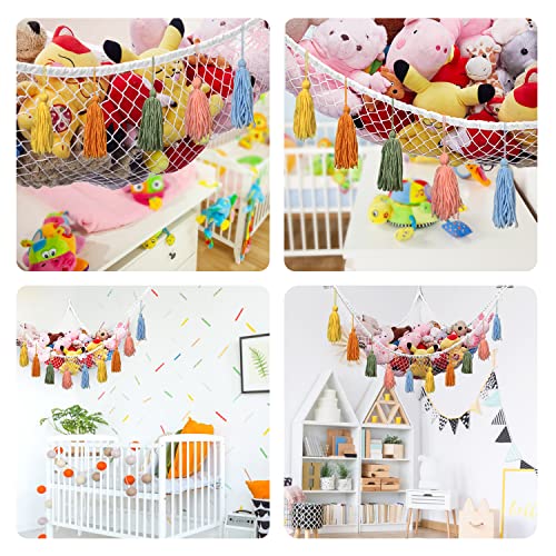 Stuffed Animal Net Hammock with Tassels, Corner Hanging Mesh Toy Storage Organizer