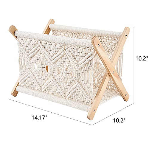 Boho Macrame Magazine Rack - Standing Basket for Books, Newspapers, Swaddle Blankets, and Home Decor - 14"x10" Storage Holder for Dorm, Living Room, Office, Nursery