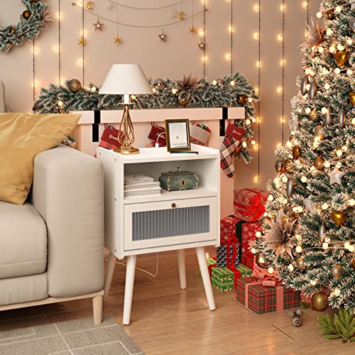Nightstand with Charging Station and Glass Door - 2-Tier Bedside Table for Bedroom & Living Room