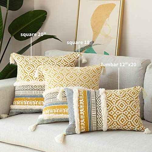 Boho Tufted Pillow Covers for Couch Sofa Bed - Moroccan Style with Tassels, 18x18 Inches, Yellow
