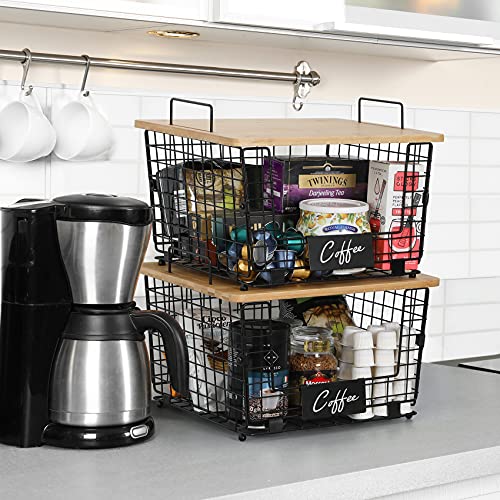 Kitchen Counter Baskets - Set of 2 Stackable Wire Organizing Bins with Bamboo Top