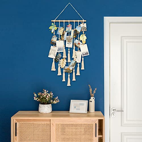 Hanging Macrame Photo Display - Boho Wall Decor with 30 Wood Clips for Bedroom, Dorm, Home Office - Ivory