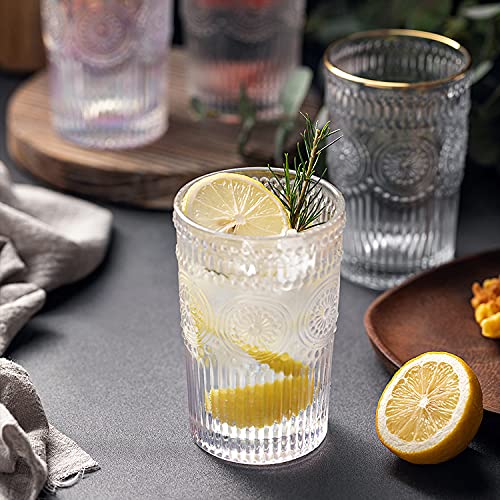 Kingrol 6 Pack 12 oz Romantic Water Glasses, Rainbow Drinking Glasses Tumblers, Vintage Glassware Set for Juice, Beverages, Beer, Cocktail