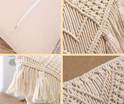 Boho Macrame Throw Pillow Cushion Covers with Tassels, Set of 2 Decorative Pillowcases