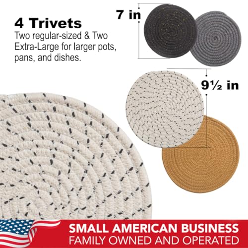 Round Cotton Trivets Set of 4 in Glam by Beets & Berry, 7 inch and 9 inch Diameter, Pot Holders, Hot Pads, Hot Mats, 100% Pure Eco Cotton, Boho, Farmhouse, Mid Century Modern, Kitchen Decor