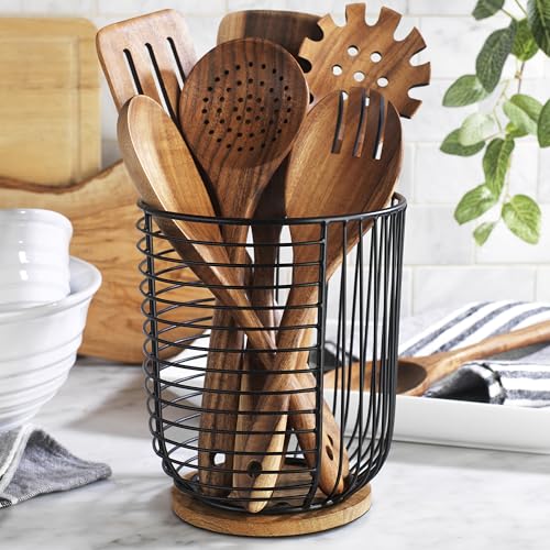 Boho Farmhouse Extra Large Black Utensil Holder with Wooden Base - Kitchen Countertop Organizer