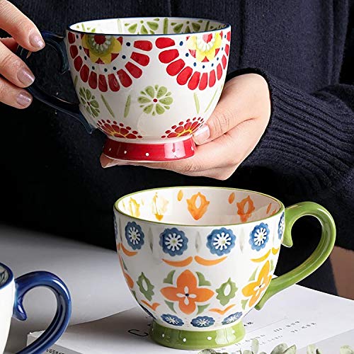 Boho Ceramic Coffee Mugs Set - 15oz Black Mugs for Coffee, Latte, Cappuccino, Tea, Cocoa, Cereal, Hot Chocolate (Set of 4)
