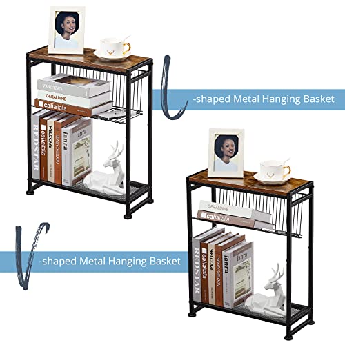 Slim Side Table with Magazine Holder, Narrow End Table for Small Spaces, Bedroom & Living Room