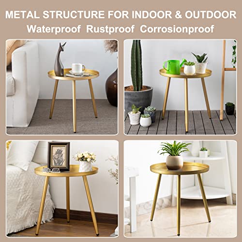 Boho Gold End Table for Living Room, Bedroom, or Balcony - Metal Side Table & Plant Stand with Tray and 3 Legs, Indoor & Outdoor Decor