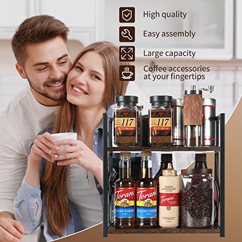 Coffee Bar Accessories Organizer, Wooden 2 Tier Kitchen Counter Shelf for Mugs, Cups, Cream, Syrup