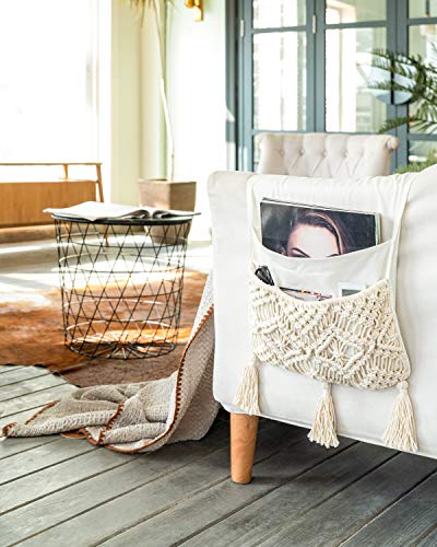 Boho Macrame Armrest Organizer - Sofa, Bedside, and Armchair Caddy for Remote, Magazine, Books, Cell Phone, iPad, Home and Dorm Decor, Ivory