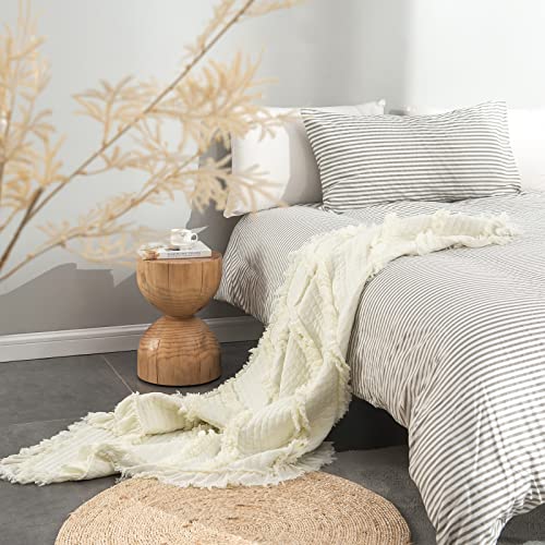 Ultra Soft Pre-Washed Quilted Throw Blanket, Ruffle Fringed Cream Boho Decorative Stone Washed Chic Rustic Blanket for Sofa Couch Bed Chair, 50"x 60"
