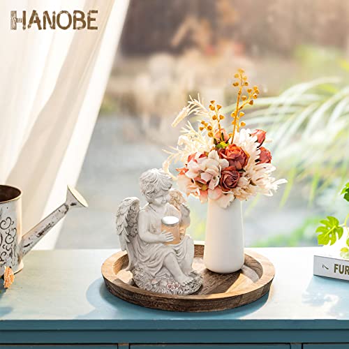 Hanobe Rustic Wooden Serving Tray - Round Wood Butler Decorative Tray Vintage Centerpiece Candle Holder Trays Farmhouse Ottoman Tray for Kitchen Countertop Home Decor for Coffee Table