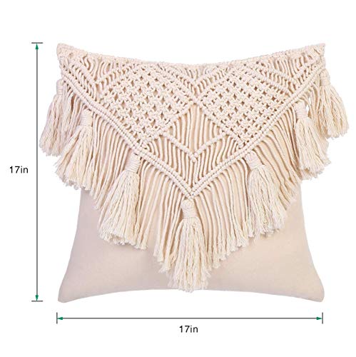 Boho Macrame Throw Pillow Cushion Covers with Tassels, Set of 2 Decorative Pillowcases