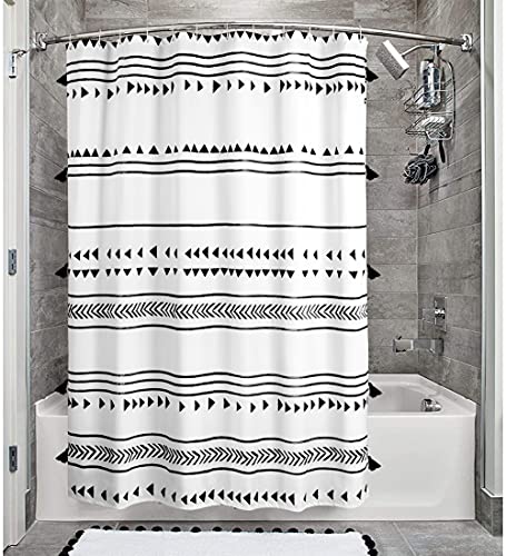 Triangle and Geometric Tassel Fabric Shower Curtain Set with Hooks, Black and White Bathroom Curtains for Modern Bathroom Decor