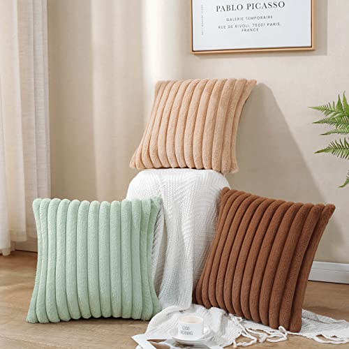 Boho Faux Fur Throw Pillow Covers, Super Soft Fuzzy Striped, Pack of 2, 18 x 18-Inch Brown