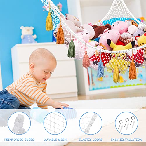 Stuffed Animal Net Hammock with Tassels, Corner Hanging Mesh Toy Storage Organizer