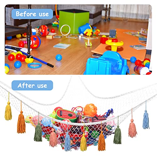 Stuffed Animal Net Hammock with Tassels, Corner Hanging Mesh Toy Storage Organizer