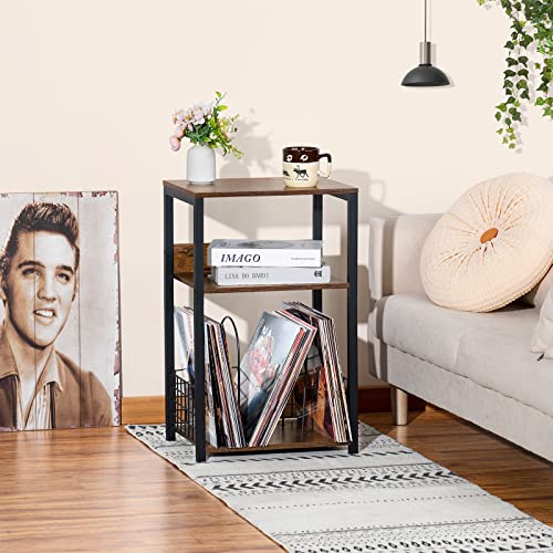 LELELINKY 3 Tier End Table,Record Player Stand with Storage Up to 100 Albums,Turntable Stand for Vinyl,Brown Records Shelf for Living Room Bedroom