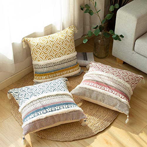 Boho Tufted Pillow Covers for Couch Sofa Bed - Moroccan Style with Tassels, 18x18 Inches, Yellow