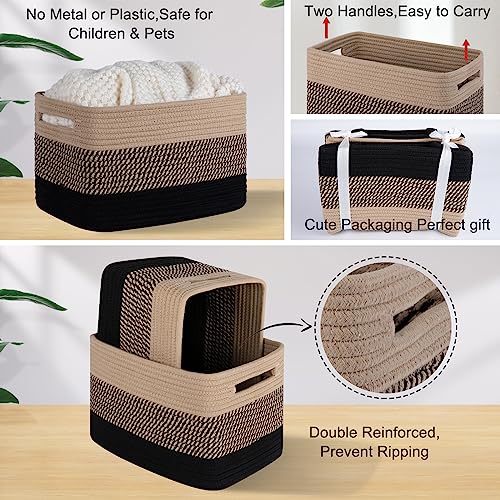 Cotton Rope Storage Baskets for Toys and Towels, Pack of 3, Black & Brown