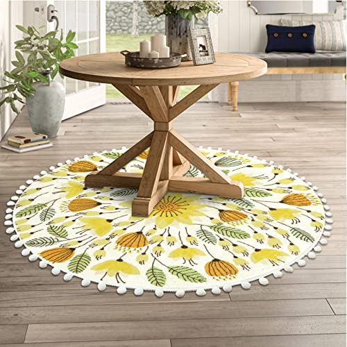 Boho Pom Poms Fringe Round Rug for Bedroom and Living Room, 4' Circle Floral Plant Washable Area Rug