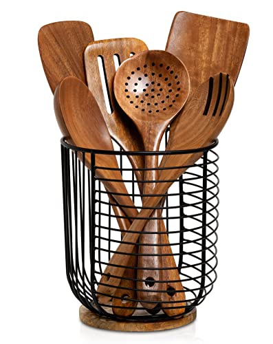 Boho Farmhouse Extra Large Black Utensil Holder with Wooden Base - Kitchen Countertop Organizer