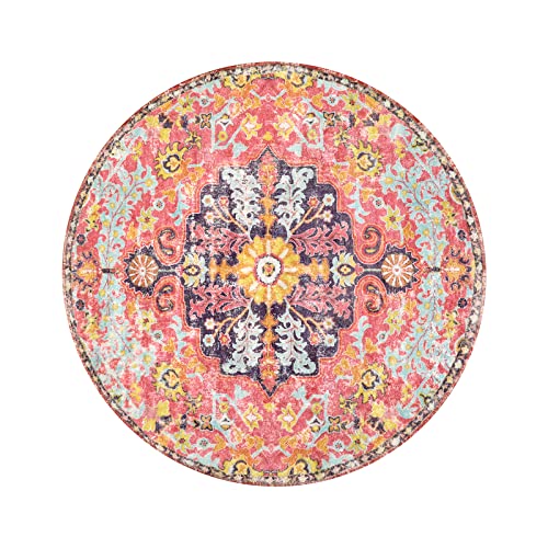 Boho Floral Medallion Round Rug - 3Ft Area Rug for Bedroom, Home Office, Washable Indoor Carpet