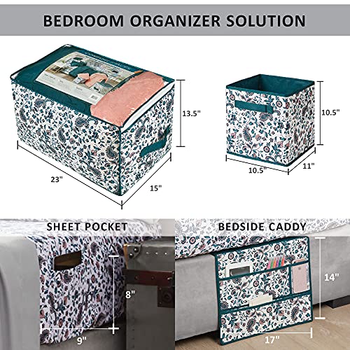 Boho Bed Complete Set - Comforter Set with Sheets & Side Pockets - All Season Cozy Bedding and Bedroom Organizer, College Dorm Room Essentials