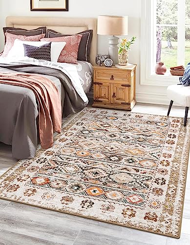 Washable 5x7 Rug, Southwestern Tribal Living Room Area Rug, Large Moroccan Non-Slip Rug for Bedroom, Non-Shedding Farmhouse Low Pile Floor Carpet