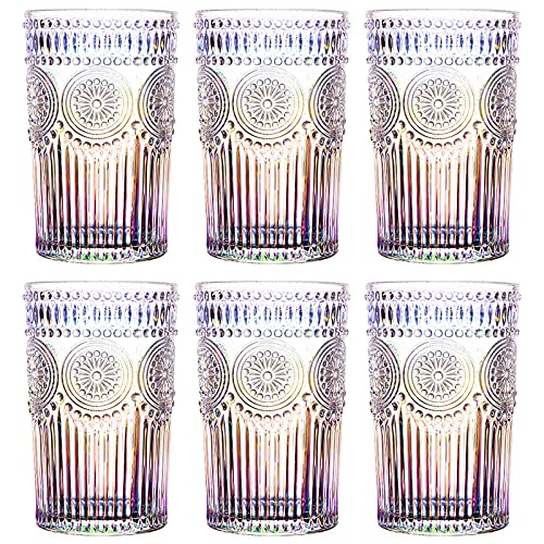 Kingrol 6 Pack 12 oz Romantic Water Glasses, Rainbow Drinking Glasses Tumblers, Vintage Glassware Set for Juice, Beverages, Beer, Cocktail
