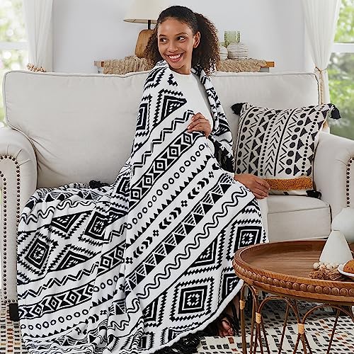 Boho Tassel Throw Blanket - Black and White Decorative Flannel Blanket for Chair, Bed, Sofa, Couch (50x60 Inches)