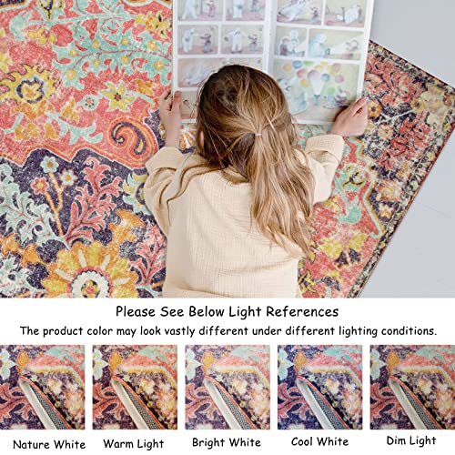 Boho Floral Medallion Round Rug - 3Ft Area Rug for Bedroom, Home Office, Washable Indoor Carpet