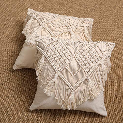 Boho Macrame Throw Pillow Cushion Covers with Tassels, Set of 2 Decorative Pillowcases