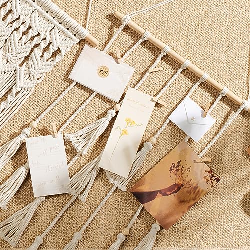 Hanging Macrame Photo Display - Boho Wall Decor with 30 Wood Clips for Bedroom, Dorm, Home Office - Ivory