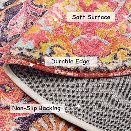 Boho Floral Medallion Round Rug - 3Ft Area Rug for Bedroom, Home Office, Washable Indoor Carpet