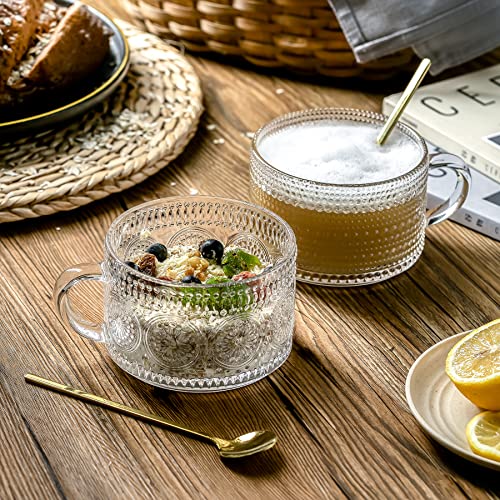 Boho Vintage Glass Coffee Mugs (Set of 2) - Clear Embossed Tea Cups for Cappuccino, Latte - Cute Gift