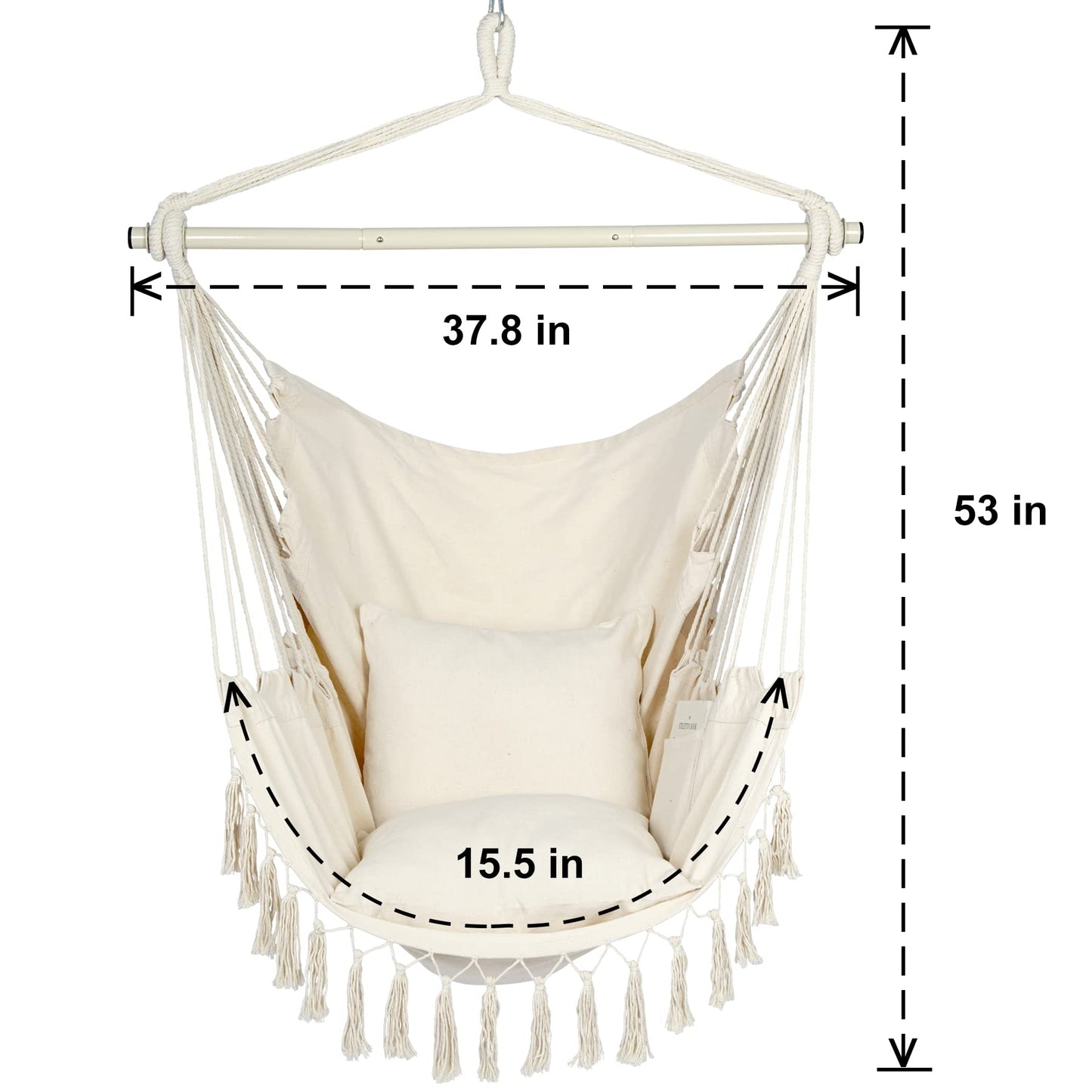 Boho Macrame Hammock Chair Hanging Rope Swing, Max 500 Lbs, 2 Cushions Included, with Pocket and Hardware Kit