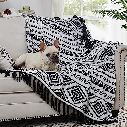 Boho Tassel Throw Blanket - Black and White Decorative Flannel Blanket for Chair, Bed, Sofa, Couch (50x60 Inches)