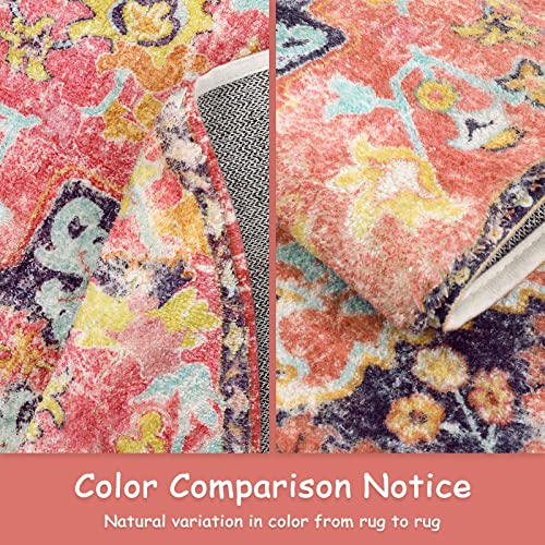 Boho Floral Medallion Round Rug - 3Ft Area Rug for Bedroom, Home Office, Washable Indoor Carpet
