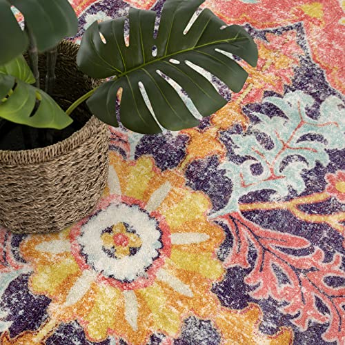 Boho Floral Medallion Round Rug - 3Ft Area Rug for Bedroom, Home Office, Washable Indoor Carpet
