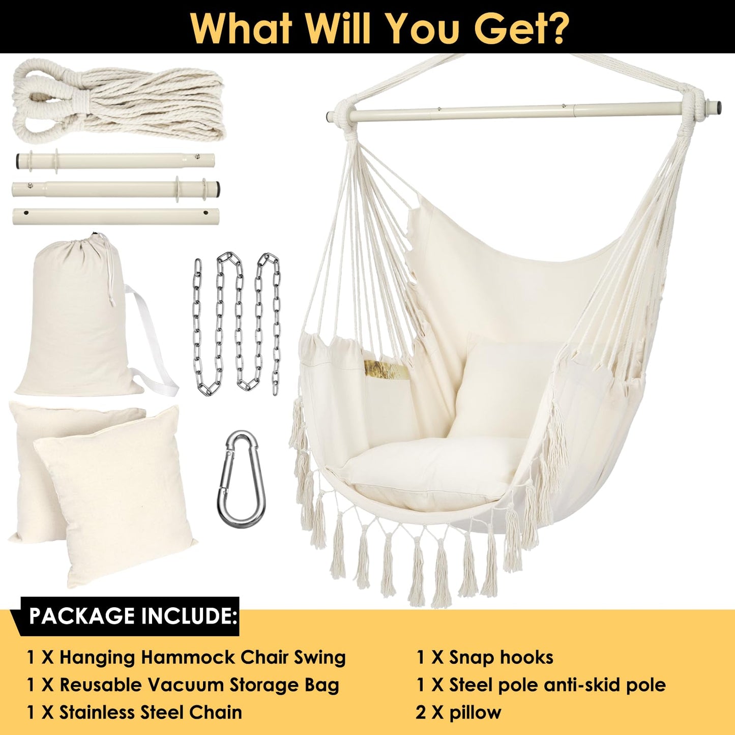 Boho Macrame Hammock Chair Hanging Rope Swing, Max 500 Lbs, 2 Cushions Included, with Pocket and Hardware Kit