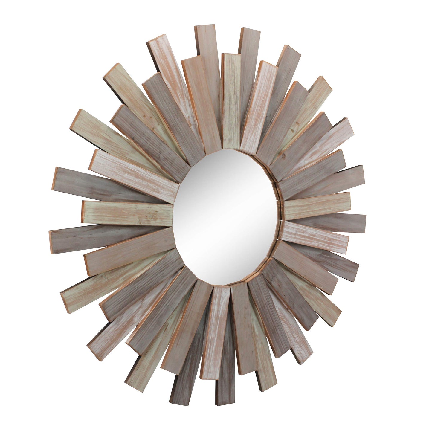 Large Round 32" Wooden Sunburst Wall Mirror with Attached Hanging Bracket - Home Decor