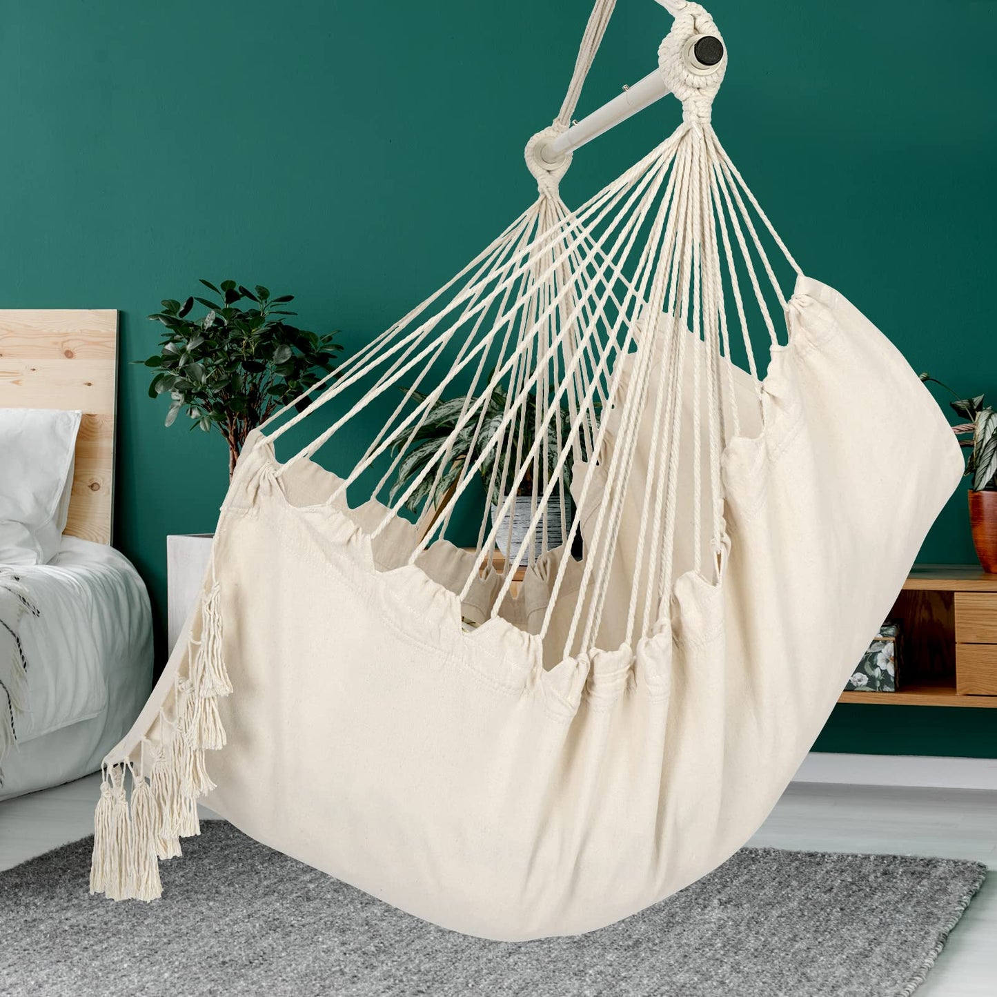 Boho Macrame Hammock Chair Hanging Rope Swing, Max 500 Lbs, 2 Cushions Included, with Pocket and Hardware Kit